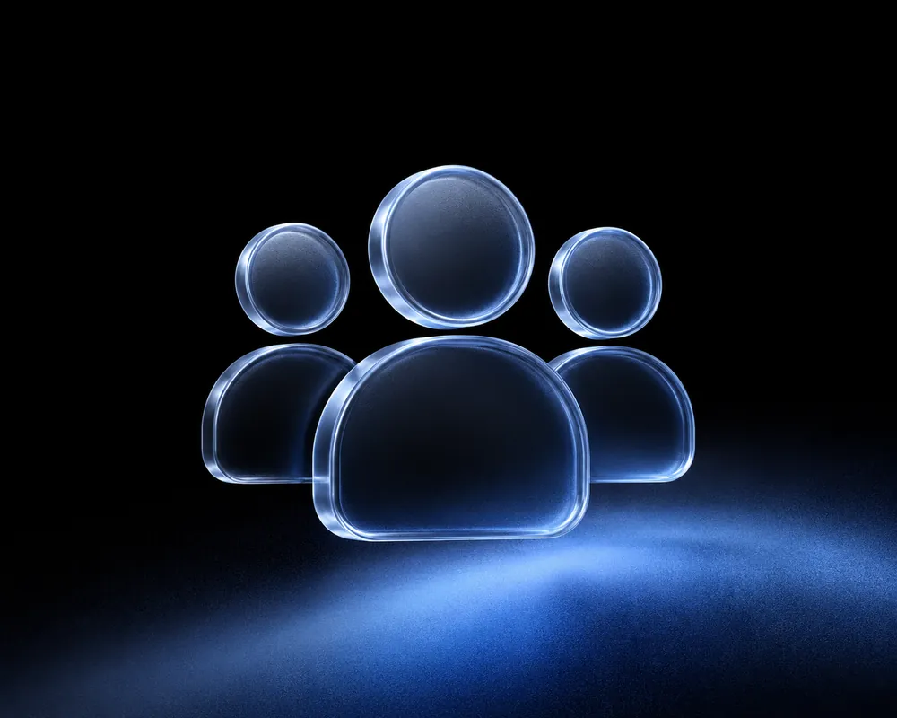 Glass group-of-people icon glowing blue, representing a stretched front-desk team