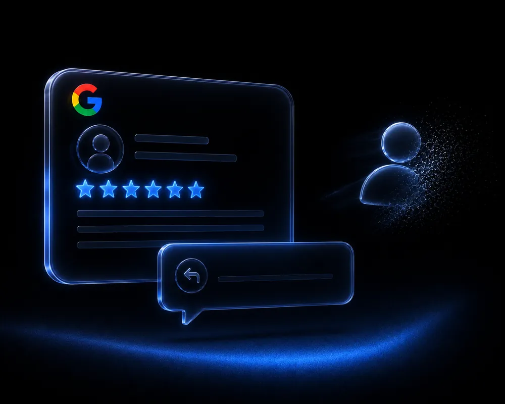 Glass Google review with a reply bubble as a customer walks away, representing unanswered reviews