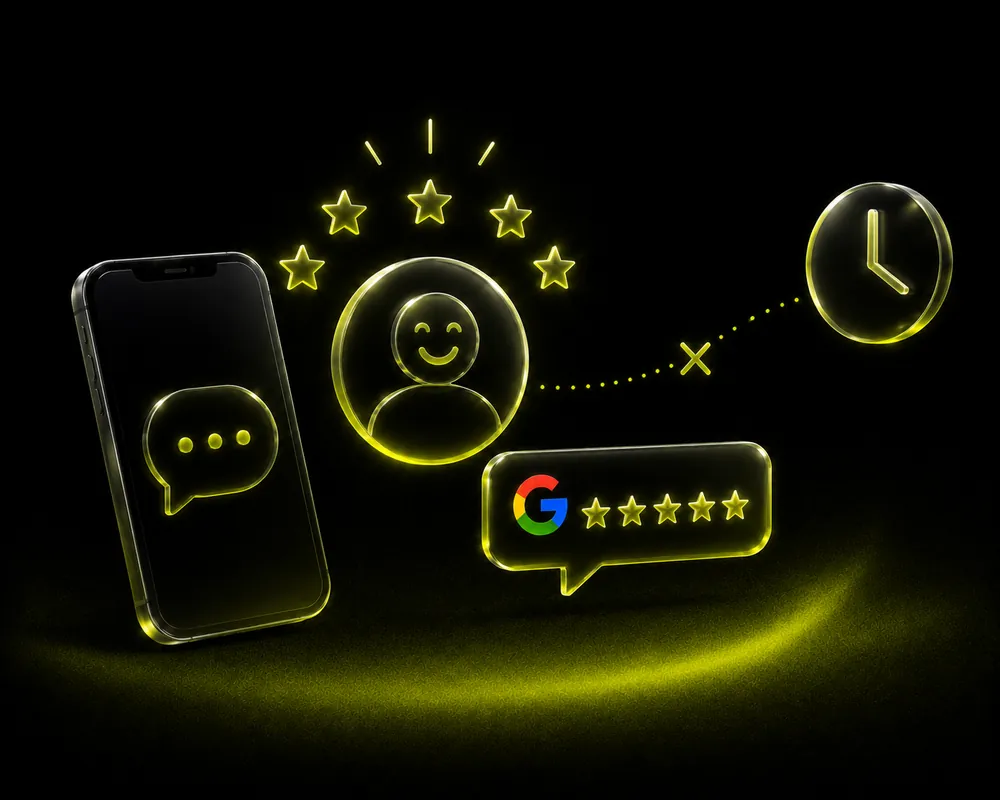 Glass phone and a happy customer with five stars and a clock, representing asking for a review at the right moment
